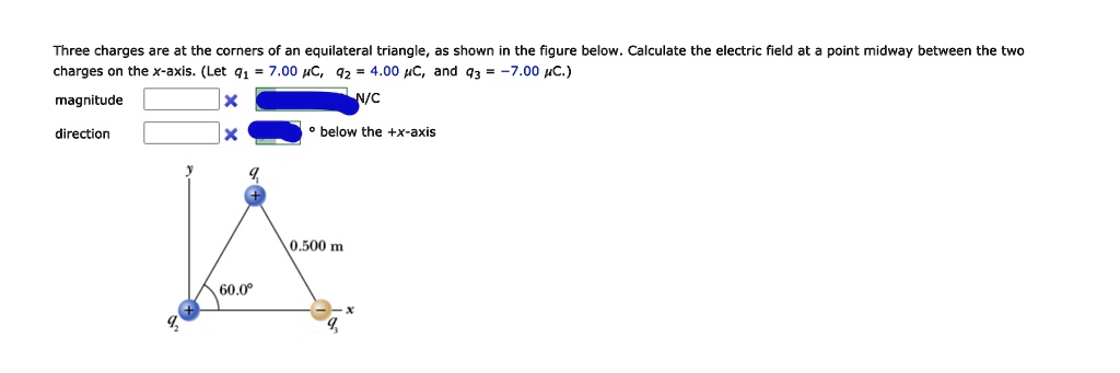 SOLVED: Three charges are at the corners of an equilateral triangle, as ...