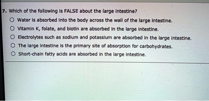 7. Which of the following is FALSE about the large intestine?
Water is absorbed into the body across the wall of the large intestine.
Vitamin K, folate, and biotin are absorbed in the large intestine.
Electrolytes such as sodium and potassium are absorbed in the large intestine.
The large intestine is the primary site of absorption for carbohydrates.
Short-chain fatty acids are absorbed in the large intestine.