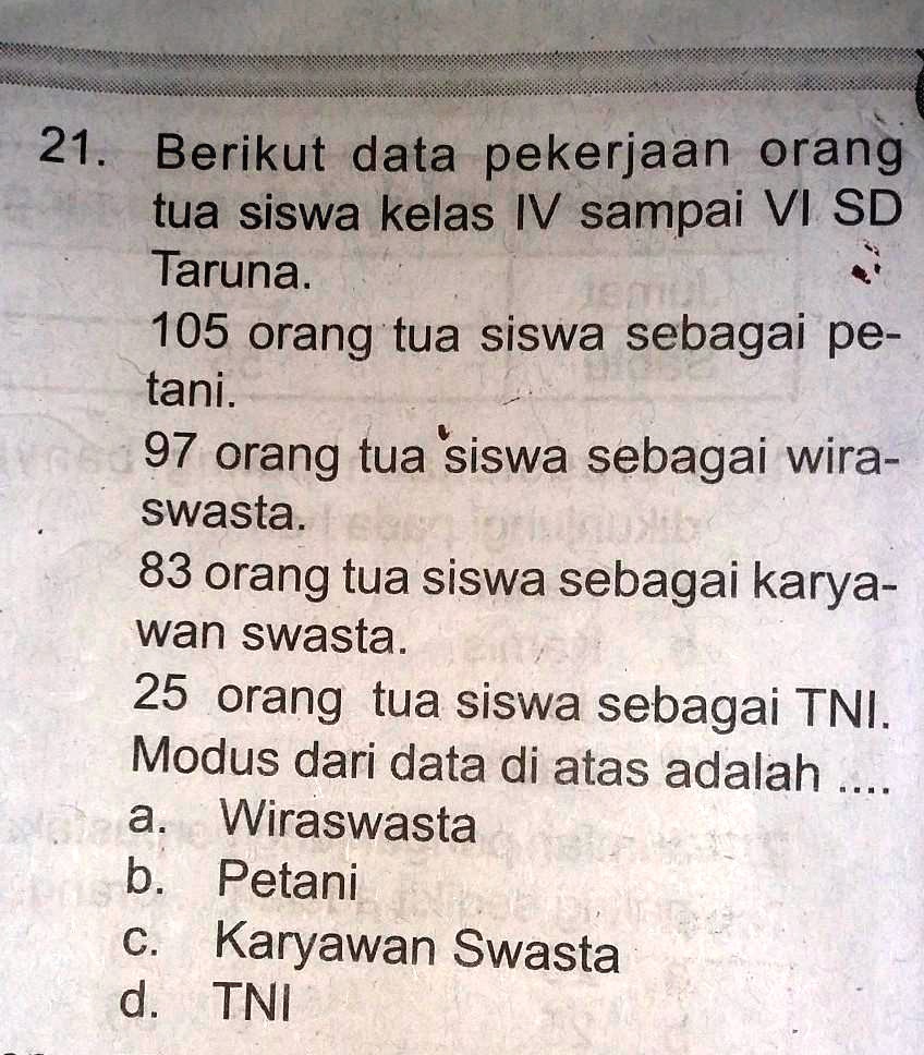 SOLVED: Tolong Bantu Ya Dan Caranya 21 Berikut Data Pekerjaan Orang Tua ...