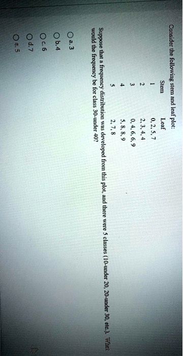 Consider the following stem and leaf plot:
Stem
1
2
3
4
5
Leaf
0,2,5,7
2, 3, 4, 4
0,4,6,6,9
5,8,8,9
2,7,8
Suppose that a frequency distribution was developed from this plot, and there were 5 classes (10-under 20, 20-under 30, etc.). What
would the frequency be for class 30-under 40?
a. 3
b. 4
c. 6
d. 7
e. 5
