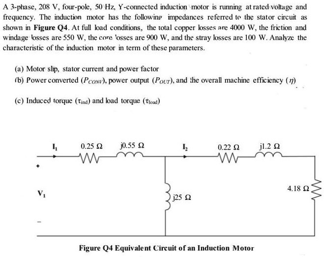 A 3-phase 208 V, four-pole, 50 Hz Y-connected induction motor is ...