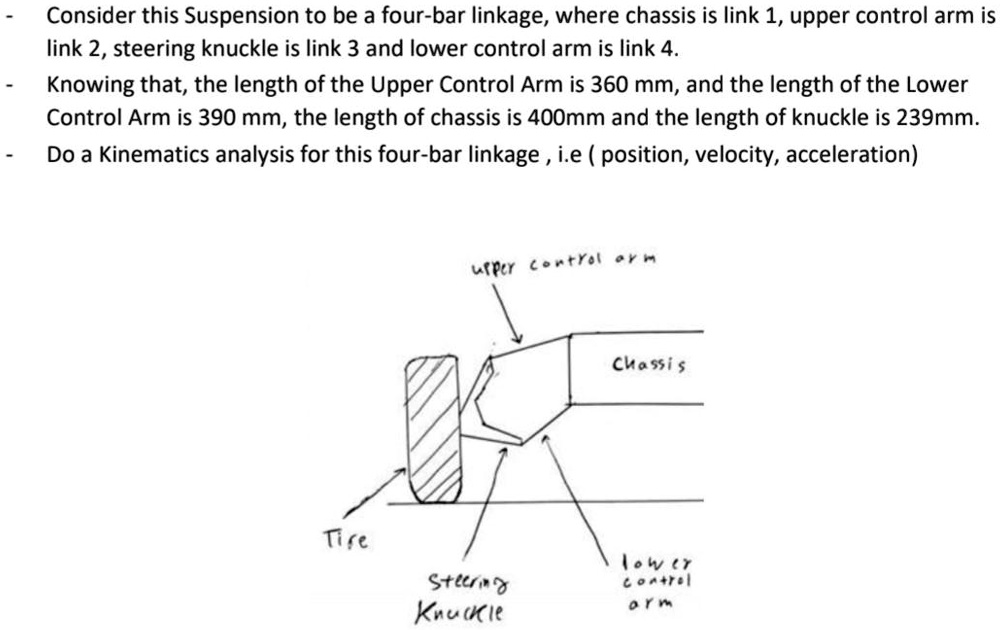 Consider this Suspension to be a four-bar linkage, where chassis is link 1, upper control arm is link 2, steering knuckle is link 3 and lower control arm is link 4.
Knowing that, the length of the Upper Control Arm is 360 mm, and the length of the Lower Control Arm is 390 mm, the length of chassis is 400mm and the length of knuckle is 239mm.
Do a Kinematics analysis for this four-bar linkage, i.e (position, velocity, acceleration)