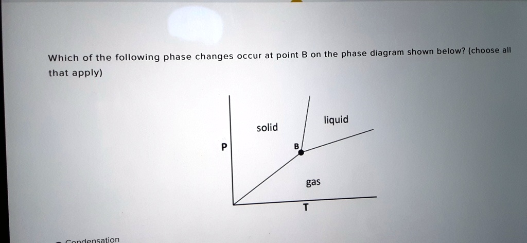 Which of the following phase changes occur at point B on the phase diagram shown below? (choose all
that apply)
solid
liquid
P
B
gas
T