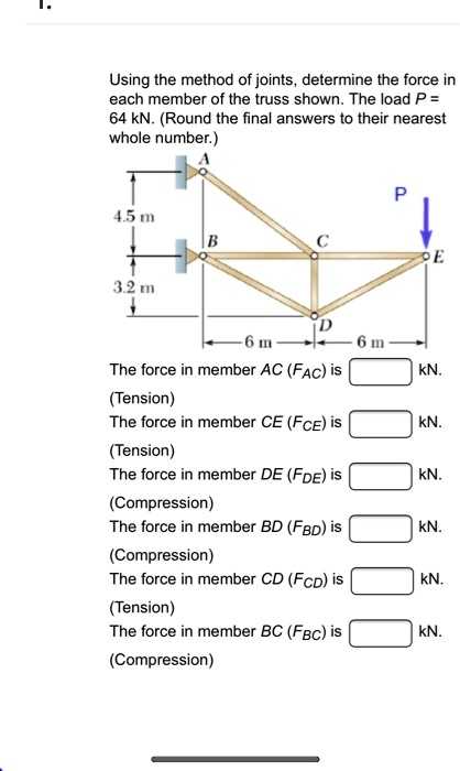 Using the method of joints, determine the force in each member of the truss shown. The load P = 64 kN. (Round the final answers to their nearest whole number.)

The force in member AC (FAC) is kN. (Tension)
The force in member CE (FCE) is kN. (Tension)
The force in member DE (FDE) is kN. (Compression)
The force in member BD (FBD) is kN. (Compression)
The force in member CD (FCD) is kN. (Tension)
The force in member BC (FBC) is kN. (Compression)