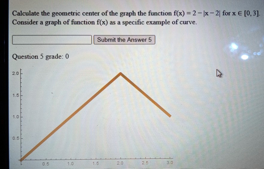 Calculate the geometric center of the graph the function f(x) = 2 - |x - 2| for x ? [0, 3]. Consider a graph of function f(x) as a specific example of curve.