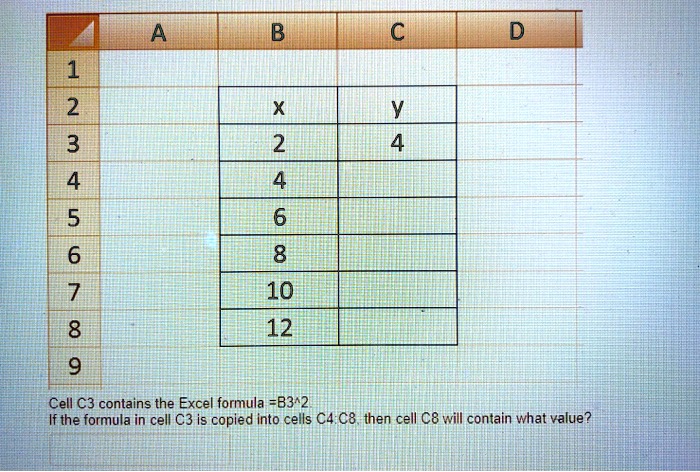 Solved A B C D 1 2 X 3 2 4 4 6 45678 8 10 12 9 Cell C3 Contains The Excel Formulab32 If The 7067