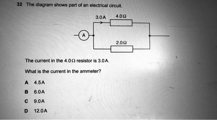 32 The diagram shows part of an electrical circuit.
3.0A
4.0 ?
2.0 ?
The current in the 4.0 ? resistor is 3.0 A.
What is the current in the ammeter?
A 4.5 A
B 6.0 A
C 9.0 A
D 12.0 A