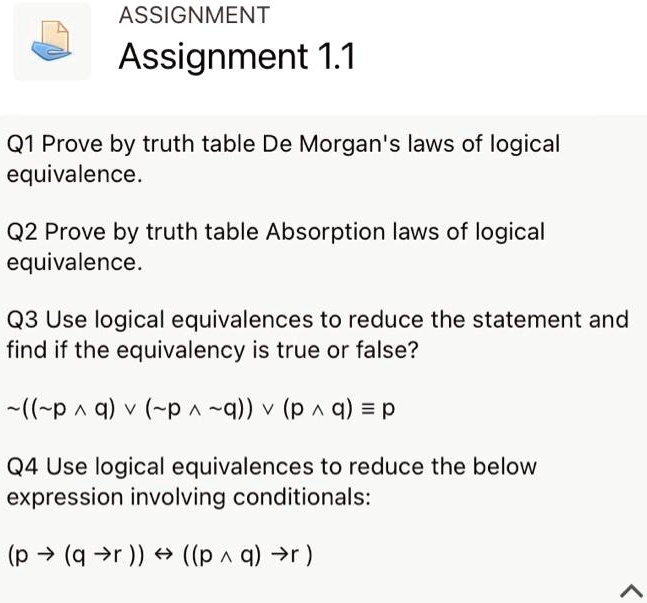 SOLVED: Assignment 1.1 Q1 Prove by truth table De Morgan's laws of ...