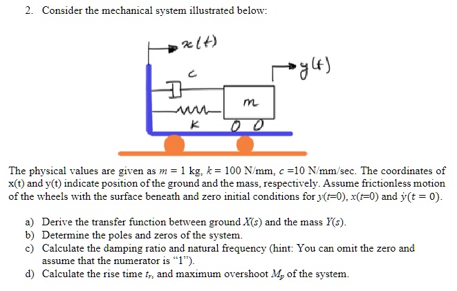 2. Consider the mechanical system illustrated below:
x(t)
?y(t)
m
K
00
The physical values are given as m = 1 kg, k = 100 N/mm, c =10 N/mm/sec. The coordinates of
x(t) and y(t) indicate position of the ground and the mass, respectively. Assume frictionless motion
of the wheels with the surface beneath and zero initial conditions for y(t=0), x(t=0) and y(t = 0).
a) Derive the transfer function between ground X(s) and the mass Y(s).
b) Determine the poles and zeros of the system.
c) Calculate the damping ratio and natural frequency (hint: You can omit the zero and
assume that the numerator is 1̈)̈.
d) Calculate the rise time tr, and maximum overshoot Mp of the system.