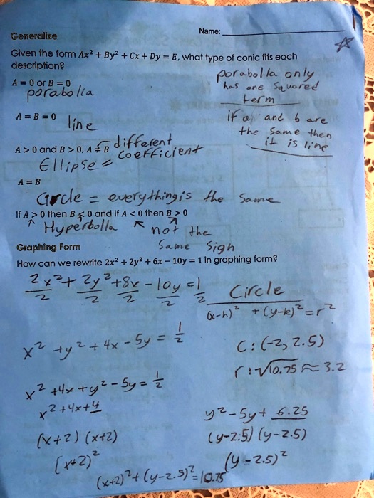 Solved Name Genejallze Given The Form Ax Byz Cx Dy E What Type Of Conic Fits Each Description Oor E B0 Ia Only A 0 Or P8raz Ka Ita Ane Sluore