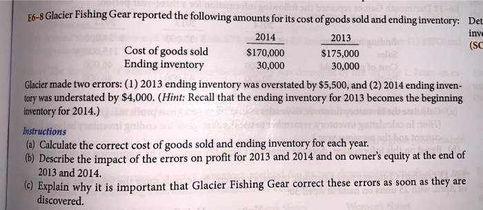 E6-8 Glacier Fishing Gear reported the following amounts for its cost of goods sold and ending inventory: Det
2014
Cost of goods sold
170,000
Ending inventory
30,000
2013175,000
30,000
Glacier made two errors: (1) 2013 ending inventory was overstated by 5,500, and (2) 2014 ending inven-
tory was understated by4,000. (Hint: Recall that the ending inventory for 2013 becomes the beginning
inventory for 2014.)
Instructions
(a) Calculate the correct cost of goods sold and ending inventory for each year.
(b) Describe the impact of the errors on profit for 2013 and 2014 and on owner's equity at the end of
2013 and 2014.
(c) Explain why it is important that Glacier Fishing Gear correct these errors as soon as they are
discovered.
inve
(SC