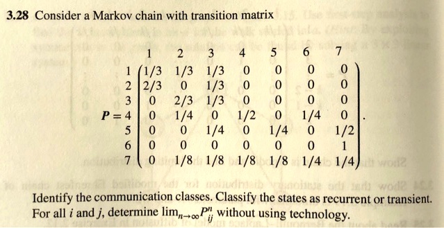 3.28 Consider a Markov chain with transition matrix

      1     2     3     4     5     6     7
    1 ( 1/3   1/3   1/3    0     0     0     0 )
    2 ( 2/3    0    1/3    0     0     0     0 )
    3 (  0    2/3   1/3    0     0     0     0 )
P = 4 (  0    1/4    0    1/2    0    1/4    0 ).
    5 (  0     0    1/4    0    1/4    0    1/2 )
    6 (  0     0     0     0     0     0     1 )
    7 (  0    1/8   1/8   1/8   1/8   1/4   1/4 )

Identify the communication classes. Classify the states as recurrent or transient.
For all i and j, determine lim n?? Pij^n without using technology.