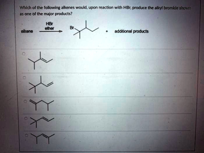 SOLVED: Which of the following alkenes would, upon reaction with HBr ...