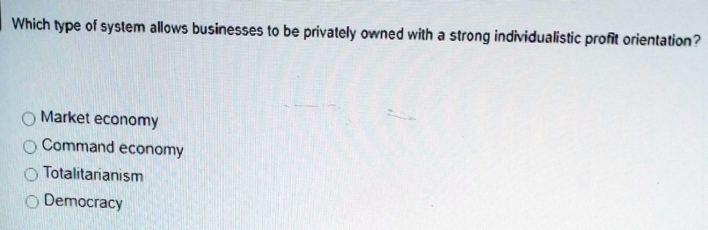 Which type of system allows businesses to be privately owned with a strong individualistic profit orientation?
Market economy
Command economy
Totalitarianism
Democracy
