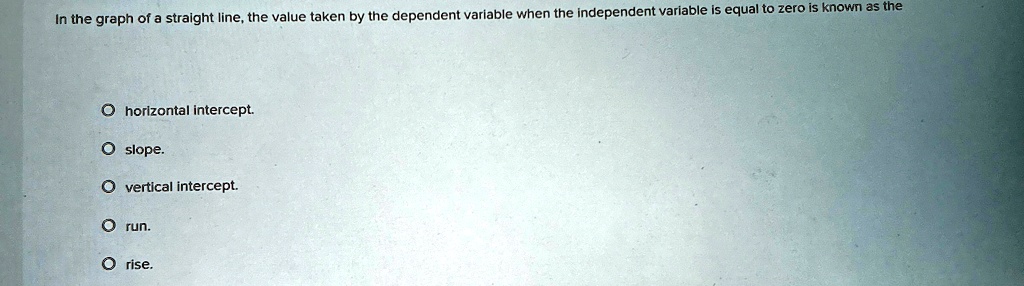 In the graph of a straight line, the value taken by the dependent variable when the independent variable is equal to zero is known as the
Ohorizontal intercept.
O slope.
O vertical intercept.
O run.
O rise.