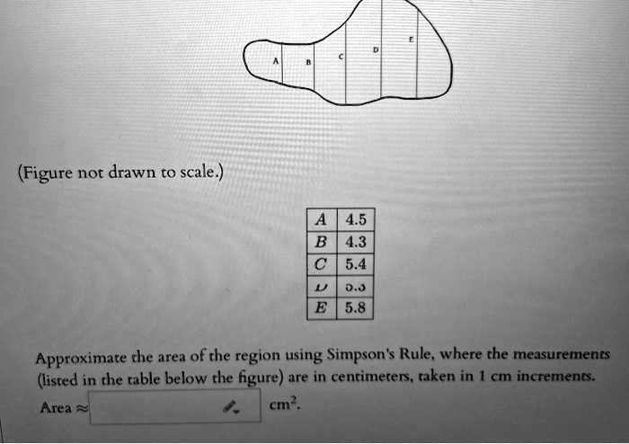 (Figure not drawn to scale.)

A | 4.5
B | 4.3
C | 5.4
D | 5.3
E | 5.8

Approximate the area of the region using Simpson's Rule, where the measurements (listed in the table below the figure) are in centimeters, taken in 1 cm increments.
Area ? [ ] cm².