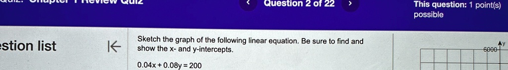 Sketch the graph of the following linear equation. Be sure to find and show the x- and y-intercepts.
0.04x + 0.08y = 200
