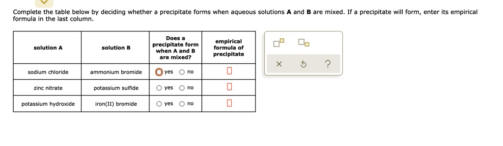 Solved Complete The Table Below By Deciding Whether Precipitate Forms When Aqueous Solutions 3650