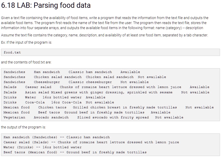SOLVED: 6.18 LAB: Parsing food data Given a text file containing the ...
