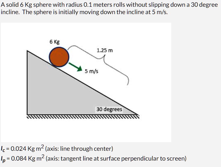 A solid 6 Kg sphere with radius 0.1 meters rolls without slipping down ...