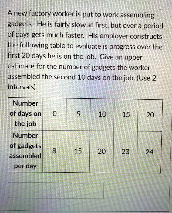 A new factory worker is put to work assembling gadgets. He is fairly slow at first, but over a period of days gets much faster. His employer constructs the following table to evaluate is progress over the first 20 days he is on the job. Give an upper estimate for the number of gadgets the worker assembled the second 10 days on the job. (Use 2 intervals)

| Number of days on the job | 0 | 5 | 10 | 15 | 20 |
| :— | :— | :— | :— | :— | :— |
| Number of gadgets assembled per day | 8 | 15 | 20 | 23 | 24 |