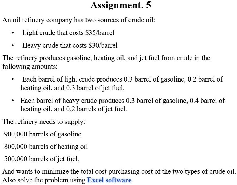 Costs For Fuel Oil And Tires Are Examples Of SOLVED: Assignment. 5 An oil refinery company has two sources of crude