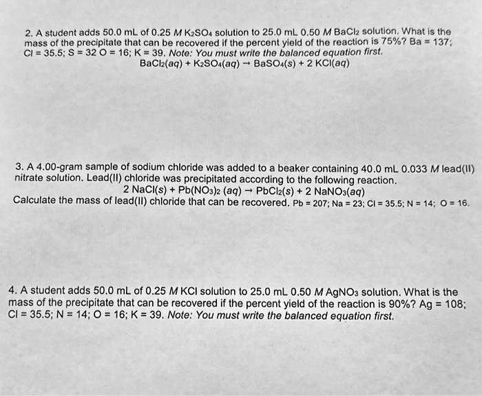 SOLVED: Texts: 2. A student adds 50.0 mL of 0.25 M K2SO4 solution to 25 ...