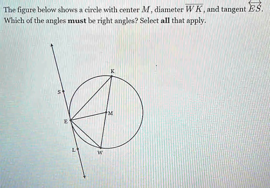 SOLVED: The figure below shows a circle with center M , diameter W K ...