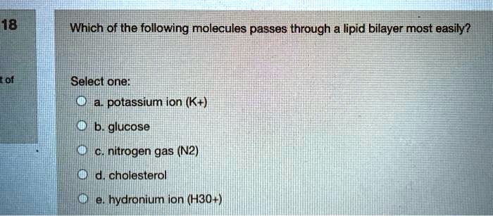 Which of the following molecules passes through a lipid bilayer most easily?

Select one:
a. potassium ion (K+)
b. glucose
c. nitrogen gas (N2)
d. cholesterol
e. hydronium ion (H3O+)