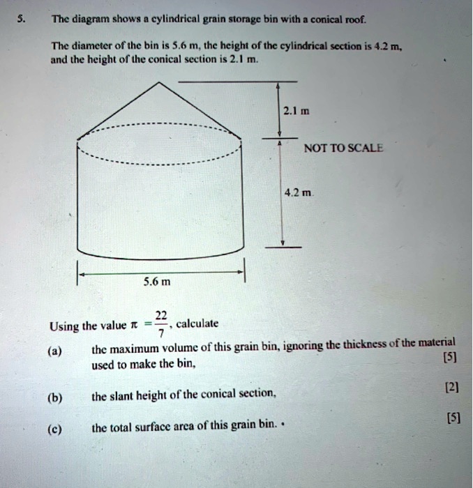 Solved Thc Diagram Shows Cylindrical Grain Storagc Bin With Conical Roof Thc Diamcler Of Thc Bin Is 5 6 M Ic Height Of The Cylindrical Scction Is 42 M And The Height Of The