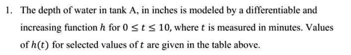 the depth of water in tank a in inches is modeled by a differentiable ...