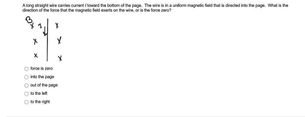 A long straight wire carries current I toward the bottom of the page. The wire is in a uniform magnetic field that is directed into the page. What is the direction of the force that the magnetic field exerts on the wire, or is the force zero?

force is zero
into the page
out of the page
to the left
to the right