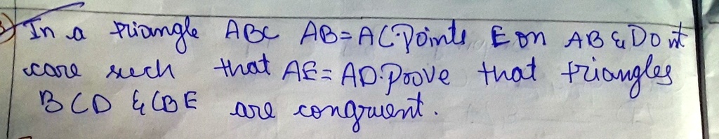In a triangle ABC AB=AC.Points E on AB D on AC such that AE=AD.Prove ...