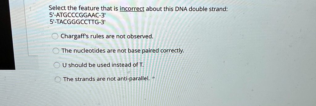 Select the feature that is incorrect about this DNA double strand:
5'-ATGCCCGGAAC-3'
5'-TACGGGCCTTG-3'
Chargaff's rules are not observed.
The nucleotides are not base paired correctly.
U should be used instead of T.
The strands are not anti-parallel.