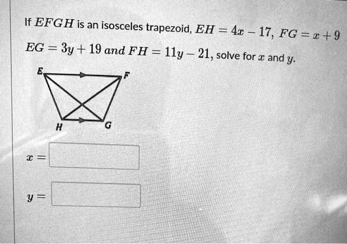 If EFGH is an isosceles trapezoid, EH = 4x - 17, FG = x + 9
EG = 3y + 19 and FH = 11y - 21, solve for x and y.
x =
y =