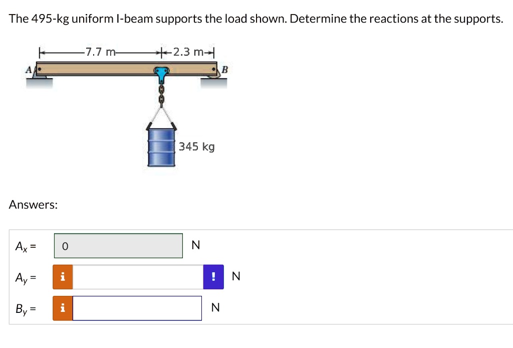 The 495-kg uniform I-beam supports the load shown. Determine the reactions at the supports.
7.7 m
2.3 m
345 kg
Answers:
Ax = 0 N
Ay = N
By = N