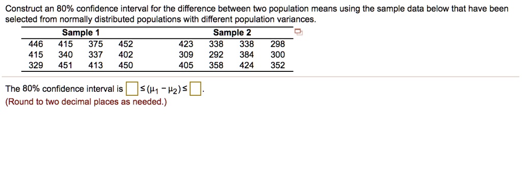 Construct an 80% confidence interval for the difference between two population means using the sample data below that have been selected from normally distributed populations with different population variances.
Sample 1 Sample 2
446 415 375 452 423 338 338 298
415 340 337 402 309 292 384 300
329 451 413 450 405 358 424 352

The 80% confidence interval is ? (?? - ??) ? .
(Round to two decimal places as needed.)