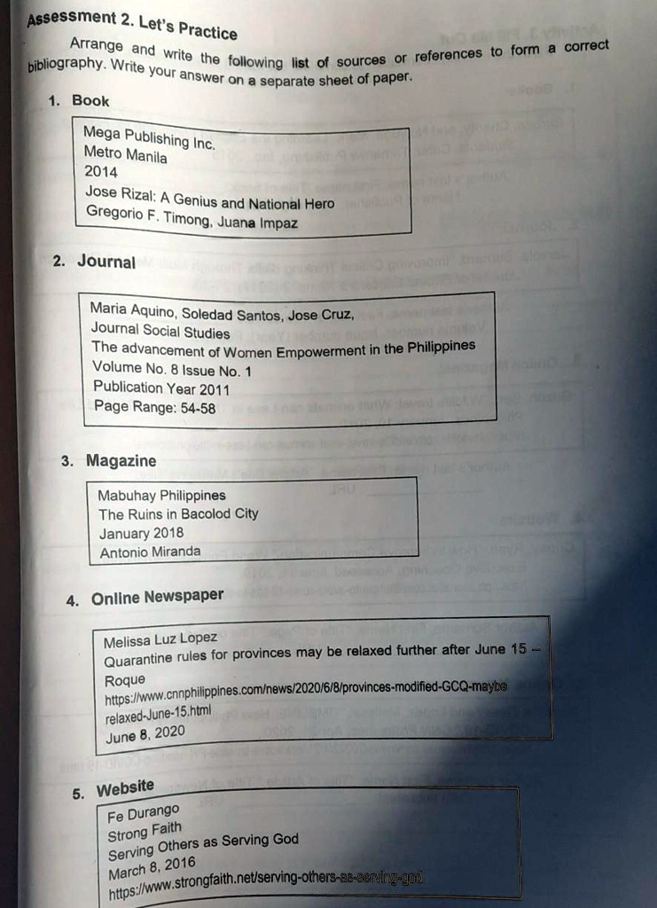 SOLVED: Arrange And Write The Following List Of Sources Of Reference To ...