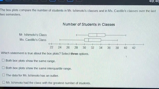 SOLVED: 49,46 The box plots compare the number 0l sludents in Mr ...