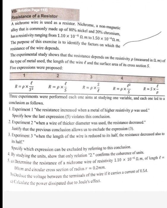 SOLVED: VII: Investigation of Resistance of a Resistor Nichrome wire is ...