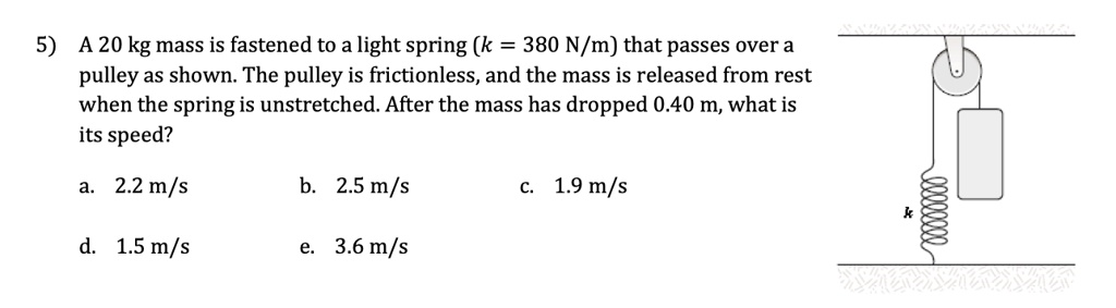 SOLVED: 5) A 20 kg mass is fastened to a light spring (k = 380 N/m ...