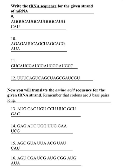 SOLVED: Write the tRNA sequence for the given strand of mRNA ...