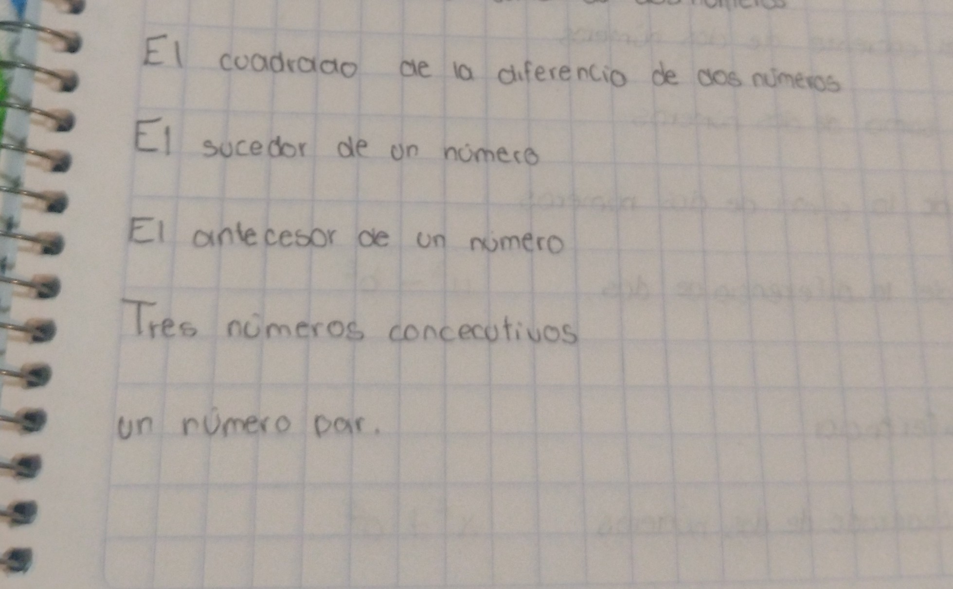 SOLVED: El cuadrado de la diferencio de dos numeros El sucedor de un ...