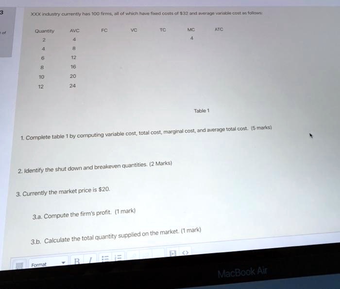 XXX industry currently has 100 firms, all of which have fixed costs of 32 and average variable cost as follows:

Quantity	AVC	FC	VC	TC	MC	ATC
2	4				4	
4	8					
6	12					
8	16					
10	20					
12	24					

Table 1

1. Complete table 1 by computing variable cost, total cost, marginal cost, and average total cost. (5 marks)

2. Identify the shut down and breakeven quantities. (2 Marks)

3. Currently the market price is20.

3.a. Compute the firm's profit. (1 mark)

3.b. Calculate the total quantity supplied on the market. (1 mark)