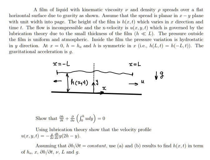 SOLVED: A film of liquid with kinematic viscosity v and density spreads ...