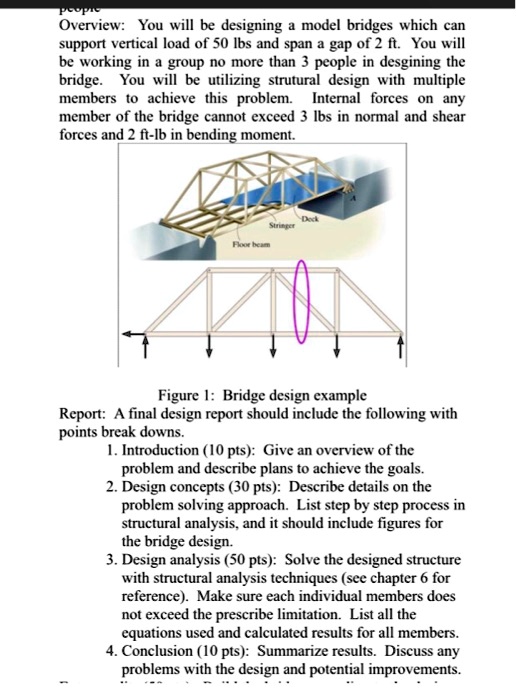 People
Overview: You will be designing a model bridges which can
support vertical load of 50 lbs and span a gap of 2 ft. You will
be working in a group no more than 3 people in desgining the
bridge. You will be utilizing strutural design with multiple
members to achieve this problem. Internal forces on any
member of the bridge cannot exceed 3 lbs in normal and shear
forces and 2 ft-lb in bending moment.
Floor beam
Stringer
Deck
Figure 1: Bridge design example
Report: A final design report should include the following with
points break downs.
1. Introduction (10 pts): Give an overview of the
problem and describe plans to achieve the goals.
2. Design concepts (30 pts): Describe details on the
problem solving approach. List step by step process in
structural analysis, and it should include figures for
the bridge design.
3. Design analysis (50 pts): Solve the designed structure
with structural analysis techniques (see chapter 6 for
reference). Make sure each individual members does
not exceed the prescribe limitation. List all the
equations used and calculated results for all members.
4. Conclusion (10 pts): Summarize results. Discuss any
problems with the design and potential improvements.