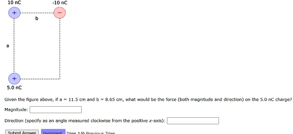 10 nC -10 nC
+
-
b
a
+
5.0 nC
Given the figure above, if a = 11.5 cm and b = 8.65 cm, what would be the force (both magnitude and direction) on the 5.0 nC charge?
Magnitude:
Direction (specify as an angle measured clockwise from the positive x-axis):