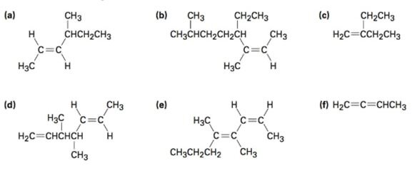 (a) CH3-CH(CH3)-CH=CH-CH3 (b) (CH3)2CHCH2CH2C(CH2CH3)=C(CH3)H (c) H2C=C(CH2CH3)CH2CH3 (d) H2C=CHCH(CH3)CH(CH3)C(H)=CHCH3 (e) CH3CH2CH2C(CH3)=C(H)C(H)=CHCH3 (f) H2C=C=CHCH3