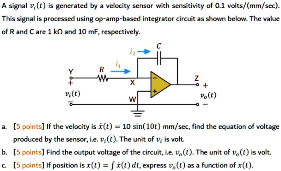 A signal vi(t) is generated by a velocity sensor with sensitivity of 0. ...