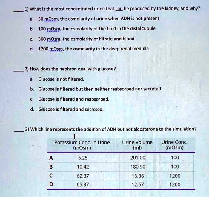  1) What is the most concentrated urine that can be produced by the kidney, and why?
a. 50 mOsm, the osmolarity of urine when ADH is not present
b. 100 mOsm, the osmolarity of the fluid in the distal tubule
c. 300 mOsm, the osmolarity of filtrate and blood
d. 1200 mOsm, the osmolarity in the deep renal medulla

 2) How does the nephron deal with glucose?
a. Glucose is not filtered.
b. Glucose is filtered but then neither reabsorbed nor secreted.
c. Glucose is filtered and reabsorbed.
d. Glucose is filtered and secreted.

 3) Which line represents the addition of ADH but not aldosterone to the simulation?

| | Potassium Conc. in Urine (mOsm) | Urine Volume (ml) | Urine Conc. (mOsm) |
|—|—|—|—|
| A | 6.25 | 201.00 | 100 |
| B | 10.42 | 180.90 | 100 |
| C | 62.37 | 16.86 | 1200 |
| D | 65.37 | 12.67 | 1200 |